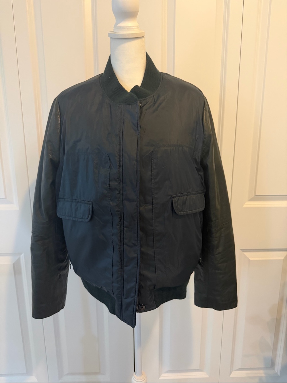 Tory Burch Black/Green Lamb Leather Sleeve Bomber Jacket